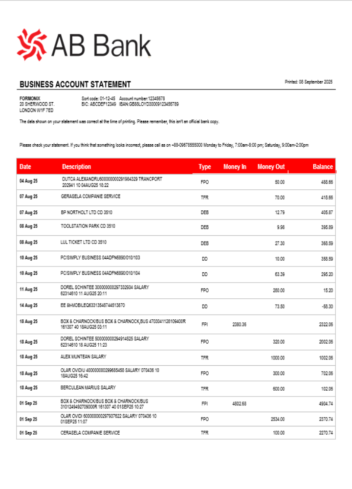 Modèle Word et PDF de relevé de compte courant de l'organisation AB